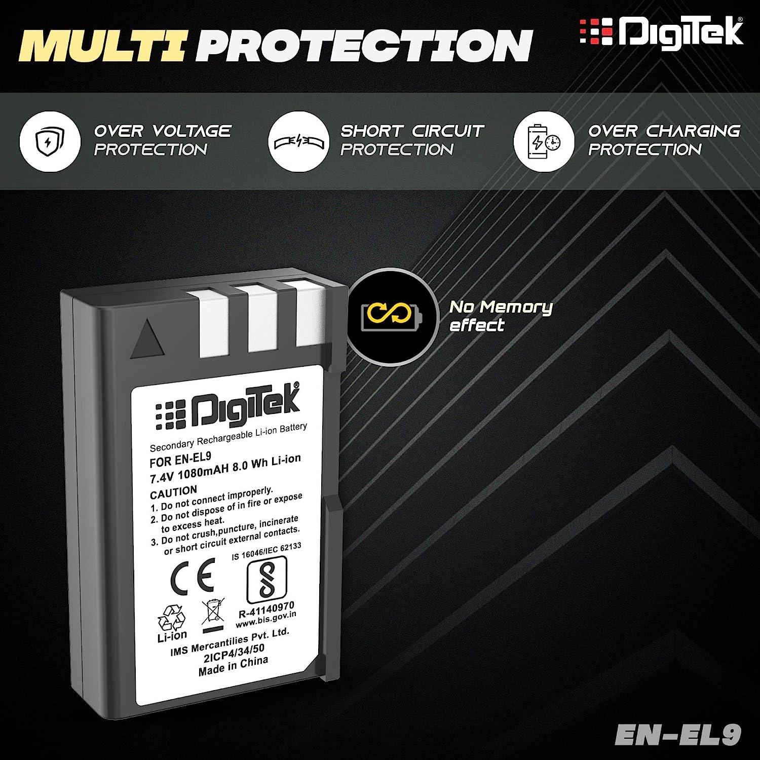 Digitek (ENEL9) 1080 mAh Secondary Rechargeable Battery Packs for Digital Camera, Compatibility - D3000, D5000, D40, D50, D60, D6R1, D3X, D40X, SLR - Digitek