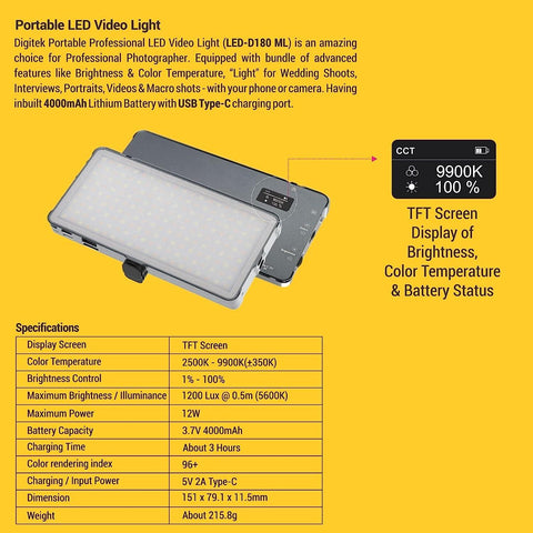 Digitek (LED-D180 ML) Portable Professional LED Video Light with 21 Preset Effects & 4000mAh Battery, Multi Scene Lightening & Colour Temperature & Brightness Control - Digitek