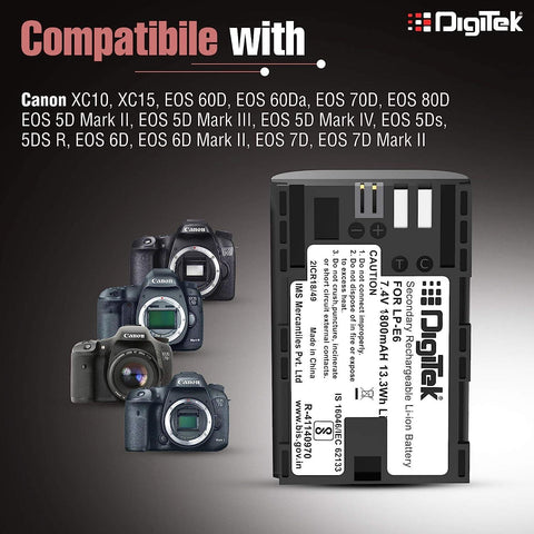 Digitek (LP-E6) Secondary Li-ion Rechargeable Battery for DSLR Camera, Compatibility - EOS 5D Mark IV, EOS 5Ds, 5DS R, EOS 6D, EOS 6D Mark II, EOS 7D, EOS 7D Mark II and More - Digitek