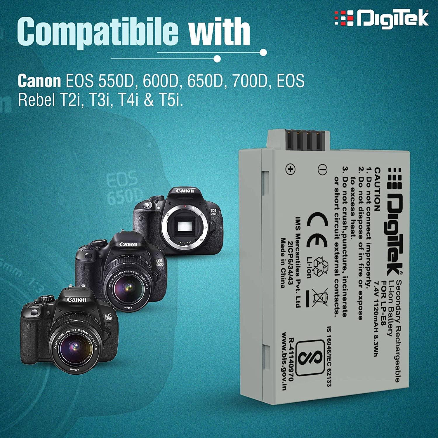Digitek (LP E8) Lithium-ion Rechargeable Battery for DSLR Camera, Compatibility - Power EOS 55D, 600D, D650, 700D, EOS KISSX4, EOS Rebel T2i, T3i, T4i & T5i - Digitek