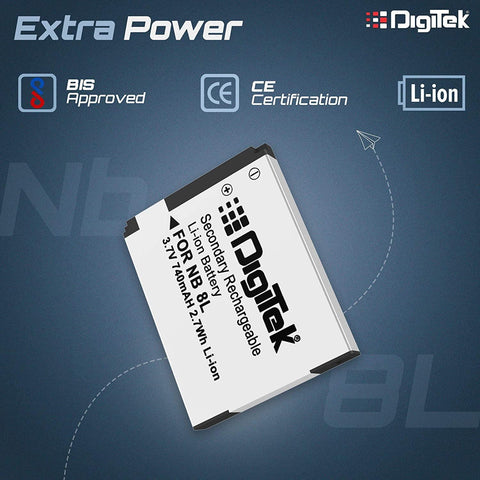 Digitek (NB-8L) Lithium-ion Rechargeable Battery for DSLR Camera, Compatibility - Powershot A2200IS, A3300IS, A3100IS, A3000IS, A3200IS, CB2LA - Digitek