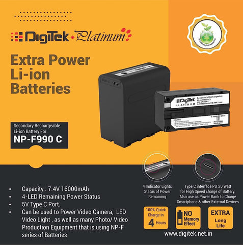 Digitek (NP-F990 C Platinum) 7.4v 16000mAh Platinum Extra Power Secondary Rechargeable Li-ion Camera Battery with 5V Type C Charging Port - Digitek