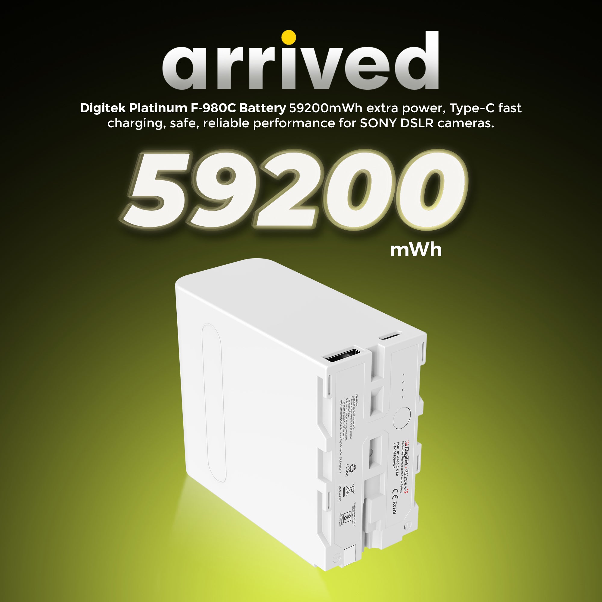 DIGITEK (NP-F980 C Platinum) 7.4v 16000mAh Platinum Extra Power Secondary Rechargeable Li-ion Camera Battery with 5V Type C Charging Port