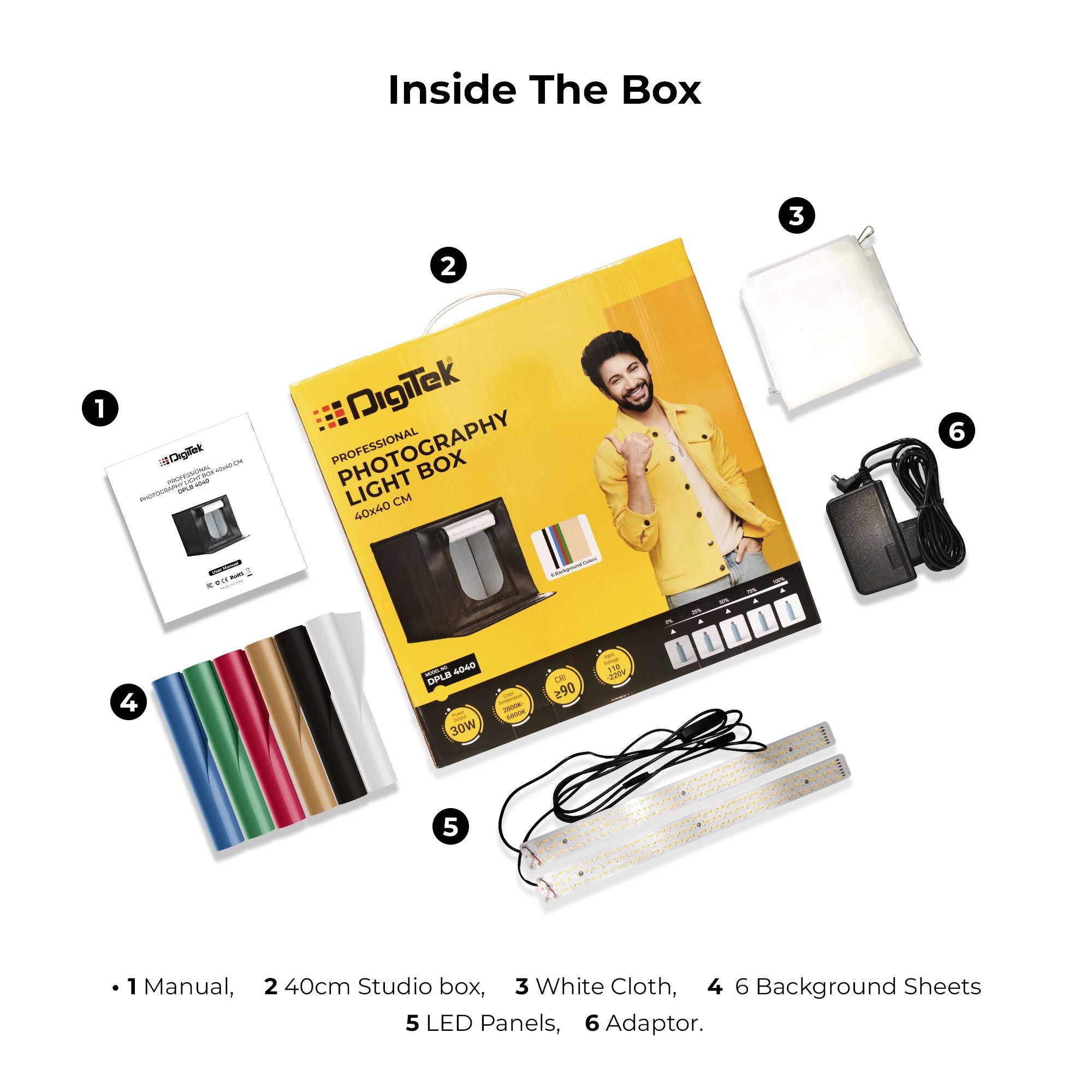 Digitek (DPLB 4040) Professional 40cm Photography LED Light Box, 30W Dual Bi-Color LED Panels, 2800K–6800K, 90 CRI, 0-100% Dimming, 6 Color PVC Backgrounds, Shadow-Free Shooting for Camera & Phone