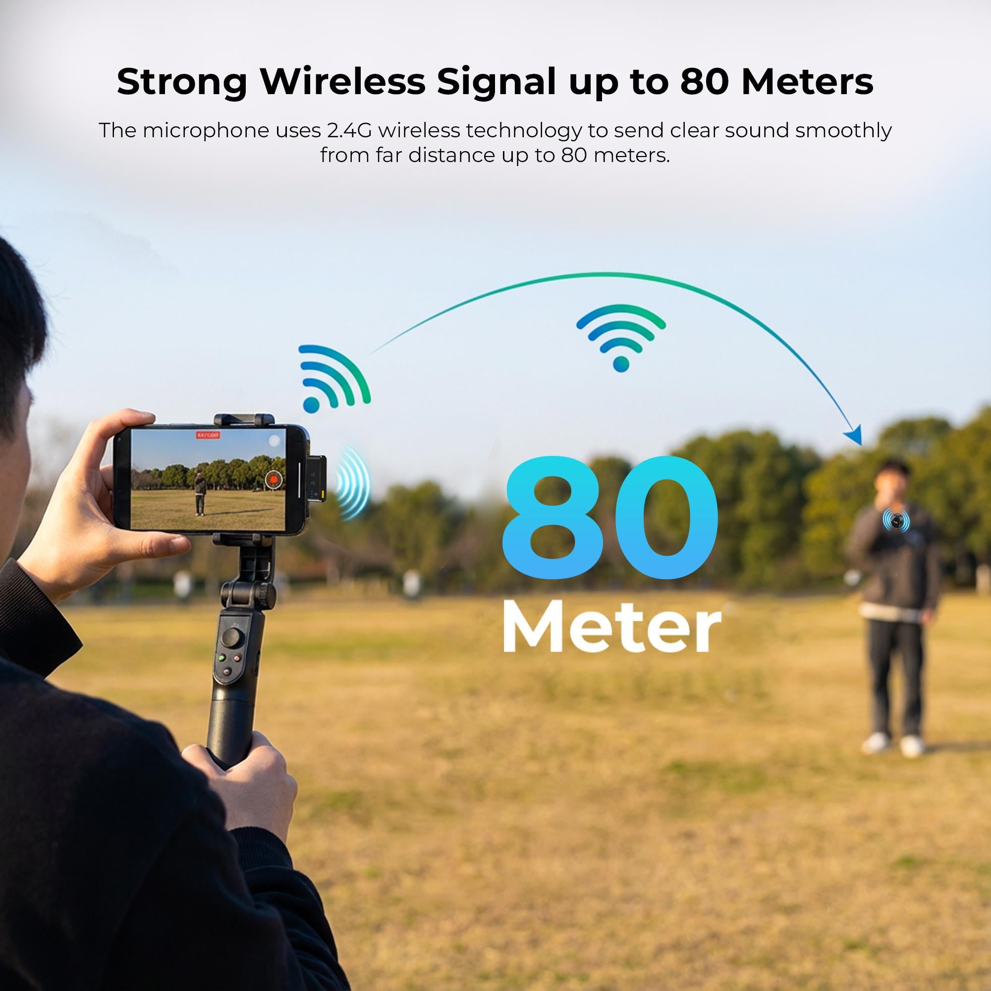 نظام ميكروفون لاسلكي ثنائي الوظائف من ديجيتك (DWM-124) لأجهزة آيفون 15 وما فوق وأجهزة أندرويد من النوع C، بمدى يصل إلى 80 مترًا، مع خاصية تقليل الضوضاء ووضع صدى الصوت، مثالي للمبدعين ومدوني الفيديو.