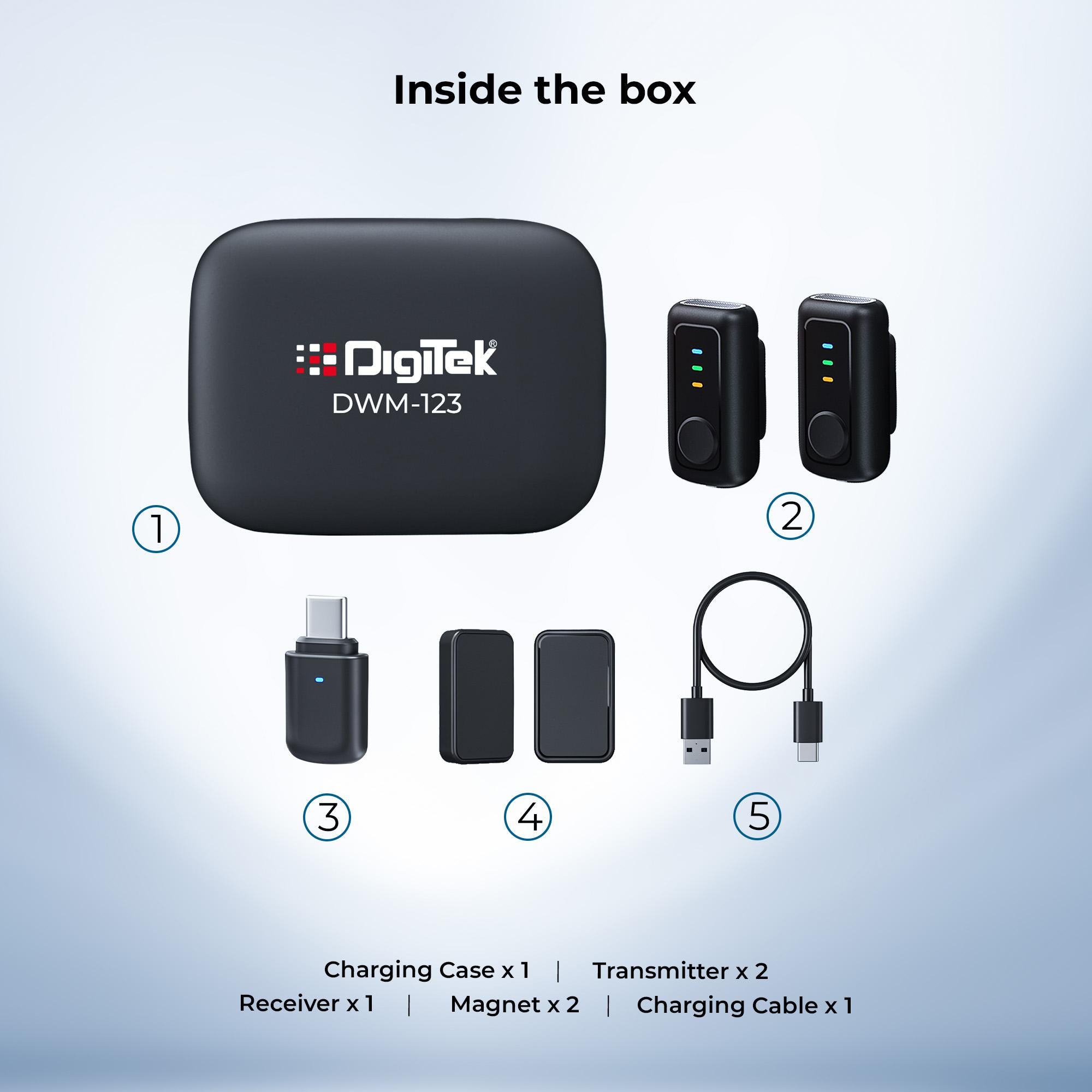 نظام ميكروفون لاسلكي Digitek (DWM 123) 2 في 1 مع علبة شحن ومشبك طوق مغناطيسي، وجهاز استقبال من النوع C لأجهزة iPhone 15 وما فوق، وهواتف Android، ومدى 60 مترًا، وميكروفون مدمج، للمبدعين ومدوني الفيديو (أسود)
