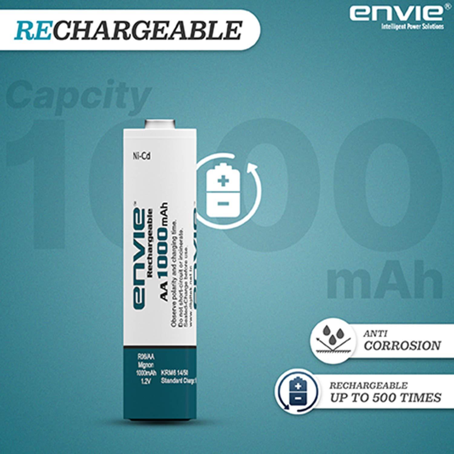ENVIE (AA10004PLNi-CD) AA Rechargeable Batteries, Low Self Discharge, AA 1000mAh Ni-CD (Pack of 4) - Digitek