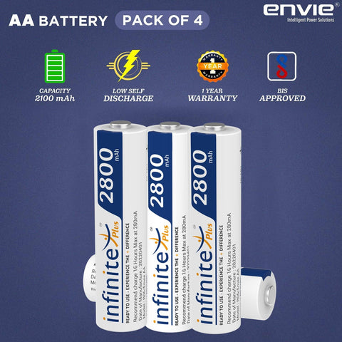 ENVIE (AA28004PL) AA Rechargeable Batteries | High Capacity Ni-MH | 2800 mAh | Low Self Discharge | Pre-Charged (Pack Of 4) (AA28004PL) - Digitek