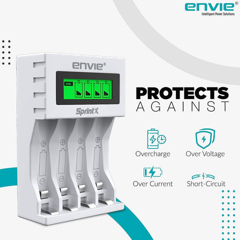 ENVIE (ECR 11 MC) SprintX Ultra Fast Charger for Rechargeable Batteries AA & AAA Ni-mh, with LCD Display, Smart Charge Control System - (White) - Digitek