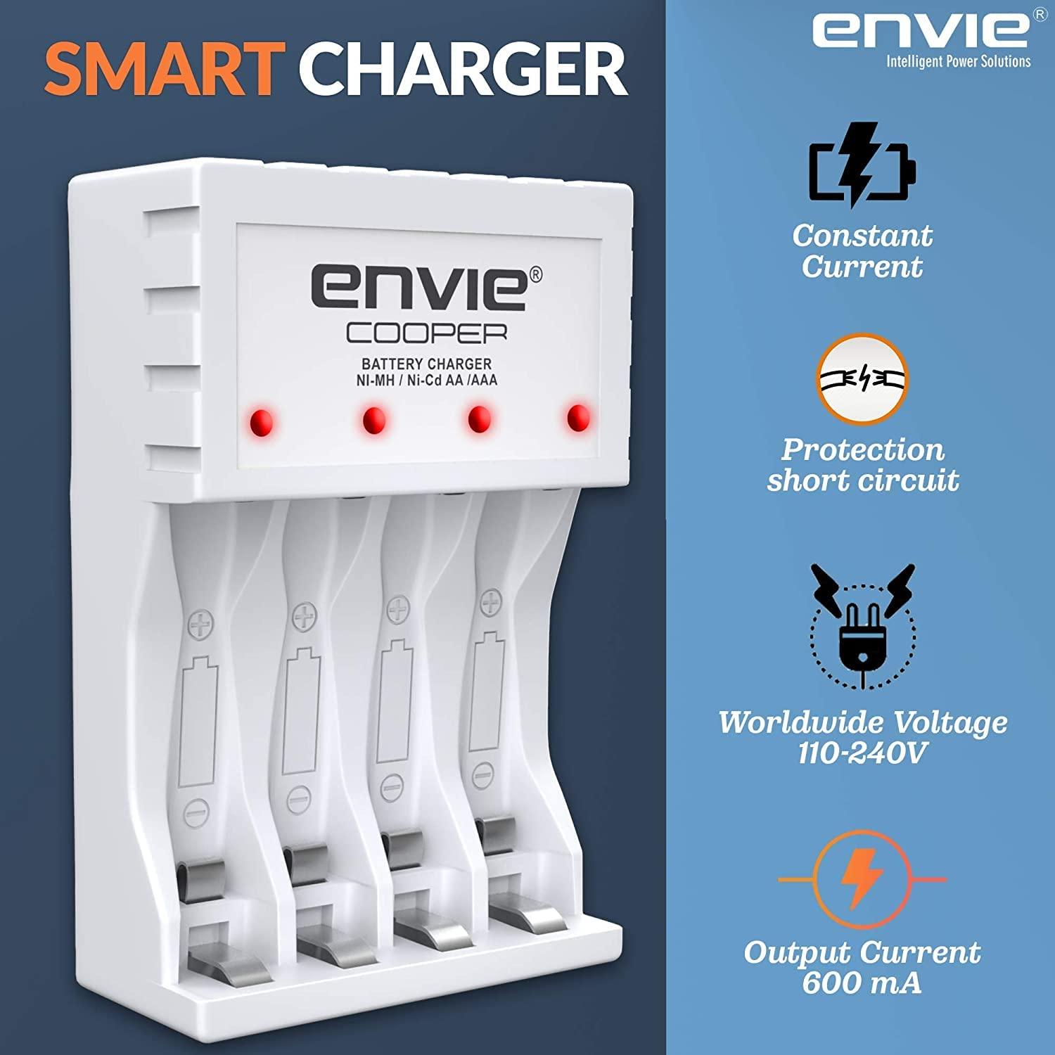 ENVIE (ECR 20MC+2800+1100) Standard Charger ECR 20 MC for AA & AAA Ni-mh/Ni-Cd Rechargeable Batteries | LED Indicator | 600MA Output Current | with 2xAA2800 & 2xAAA1100 Rechargeable Batteries - Digitek