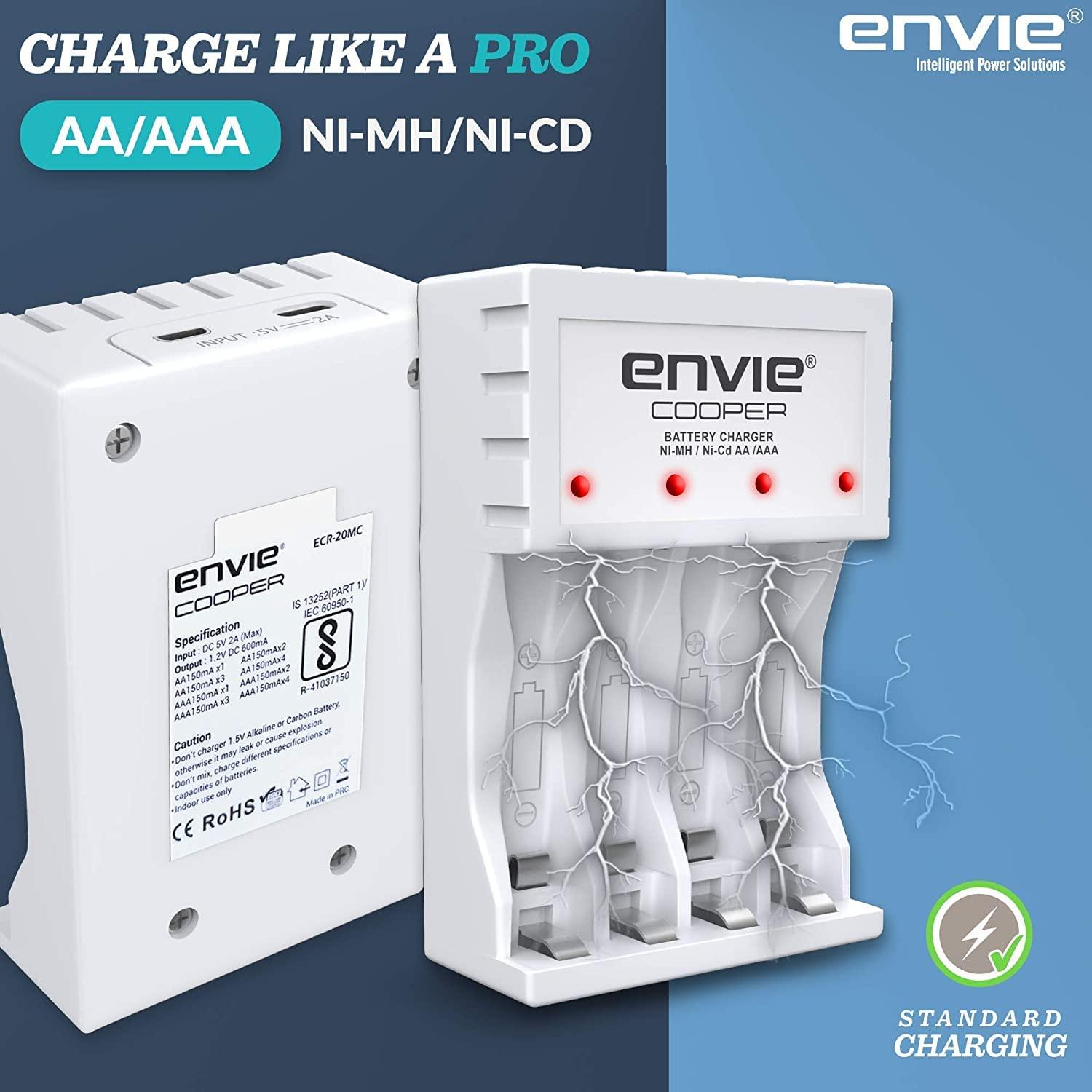 ENVIE (ECR 20MC+2800+1100) Standard Charger ECR 20 MC for AA & AAA Ni-mh/Ni-Cd Rechargeable Batteries | LED Indicator | 600MA Output Current | with 2xAA2800 & 2xAAA1100 Rechargeable Batteries - Digitek