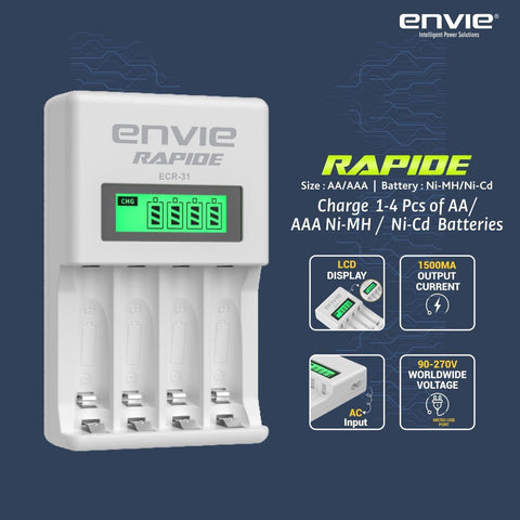 ENVIE (ECR-31) Rapide Ultra Fast Charger for Rechargeable Batteries AA & AAA Ni-mh, with LCD Display, Smart Charge Control System - Digitek