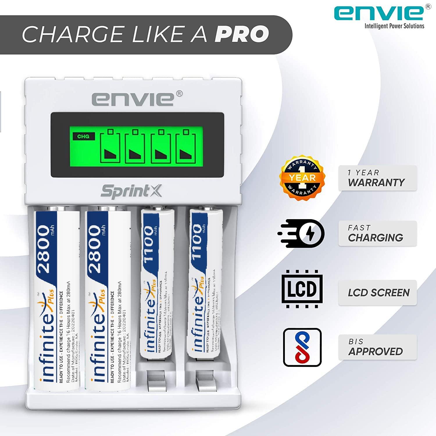 ENVIE (ECR11MC+2800+1100) SprintX Ultra Fast Rechargeable Batteries Charger for AA & AAA Ni-mh, with 2xAA2800 & 2AAA1100 Rechargeable Batteries, with Over Charge Protection - Digitek