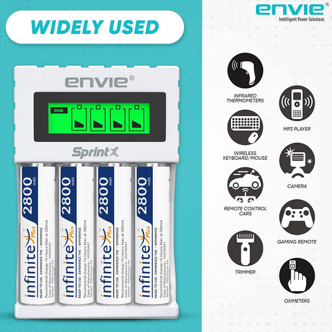 ENVIE (ECR11MC + 2800 4PL) SprintX Ultra Fast Rechargeable Batteries Charger for AA & AAA Ni-MH with 4xAA2800mah Rechargeable Batteries, with Over Charge Protection - Digitek