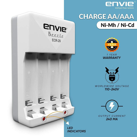 ENVIE (ECR20 2800 800 2PL) High Speed Wall Plug Charger ECR 20 for AA & AAA Ni-mh/Ni-cd Rechargeable Batteries | 2000MA Output Current | with 2 xAA2800 & 2xAAA800 Rechargeable Batteries (ECR20 2800 800 2PL) - Digitek