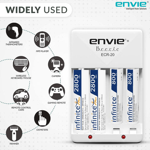 ENVIE (ECR20 2800 800 2PL) High Speed Wall Plug Charger ECR 20 for AA & AAA Ni-mh/Ni-cd Rechargeable Batteries | 2000MA Output Current | with 2 xAA2800 & 2xAAA800 Rechargeable Batteries (ECR20 2800 800 2PL) - Digitek