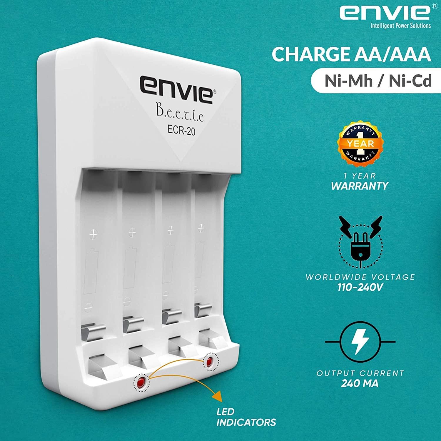 ENVIE (ECR2028002PL) High Speed Wall Plug Charger ECR 20 for AA & AAA Ni-mh/Ni-cd Rechargeable Batteries | 2000MA Output Current | with 2 AA2800 Ni-mh Batteries (ECR2028002PL) - Digitek