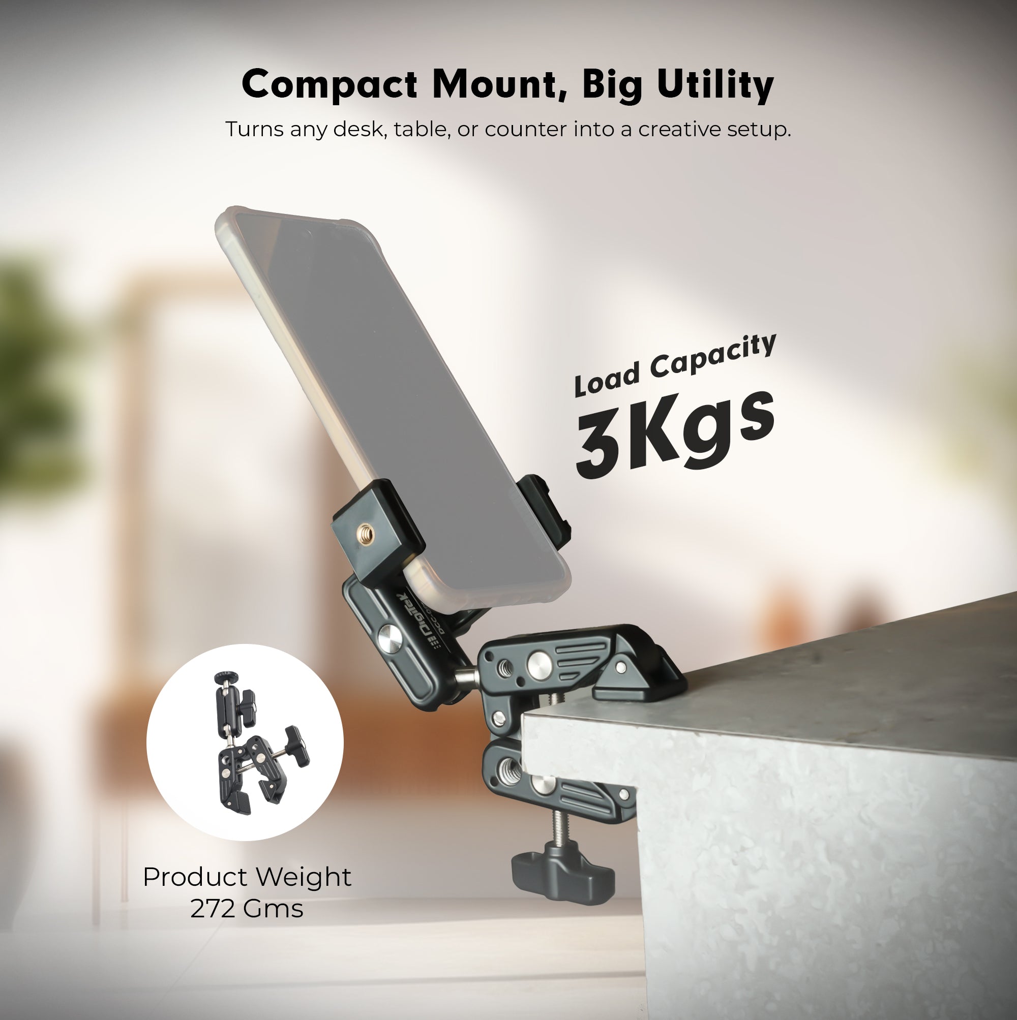 Digitek (DCC-01) Action Camera Mount, Super Clamp Mount with 1/4" & 3/8" Scew for LED Light, Microphone, 360° Double Ballhead Magic Arm with Mobile Holder