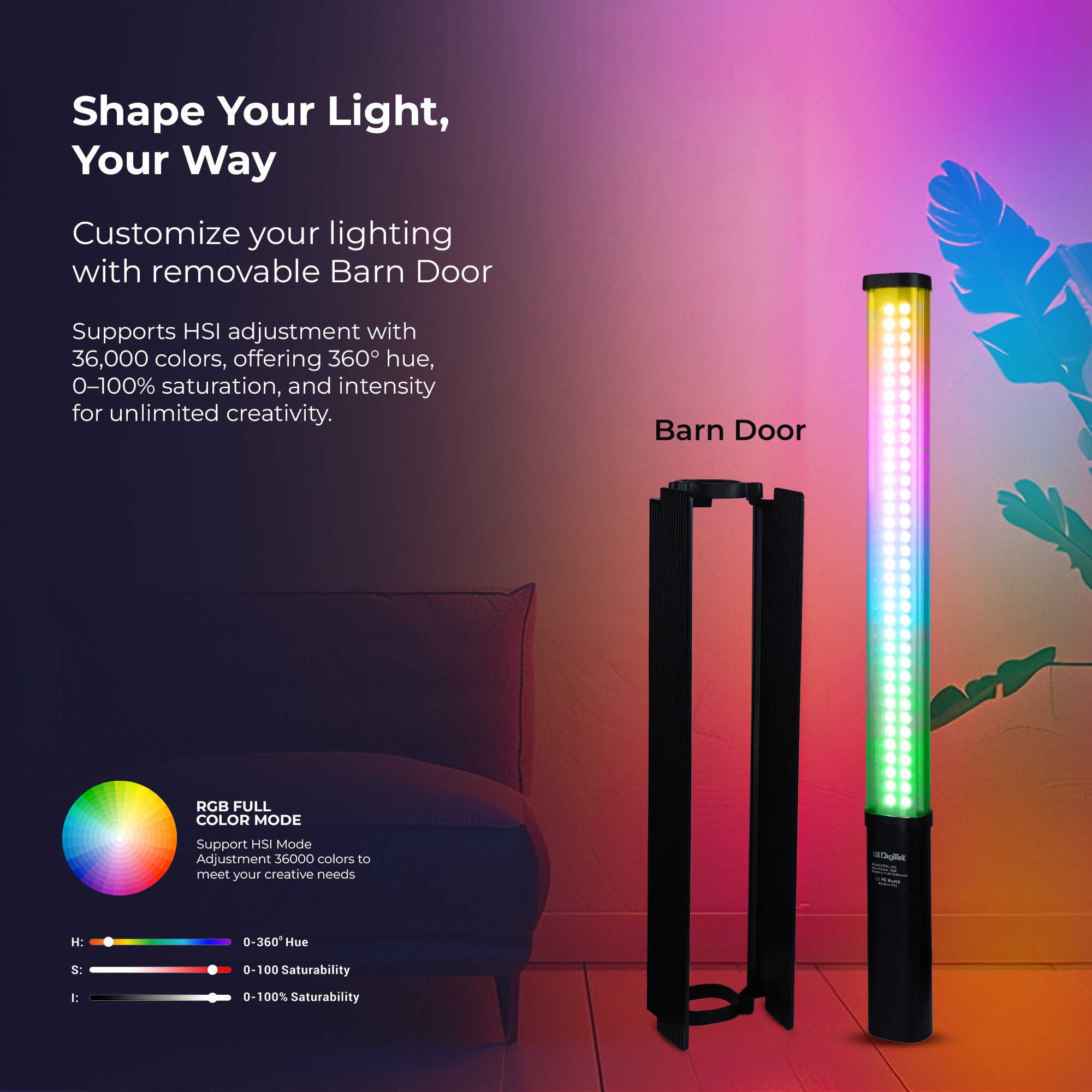 Digitek (DSL 555 RGB) Portable 38W Handheld LED Stick Light Wand, Video Light with 14200LM, 2500K–9900K Dual Color Temp, App Control, OLED Display & 24 FX Modes, Professional Photography & Videography Support