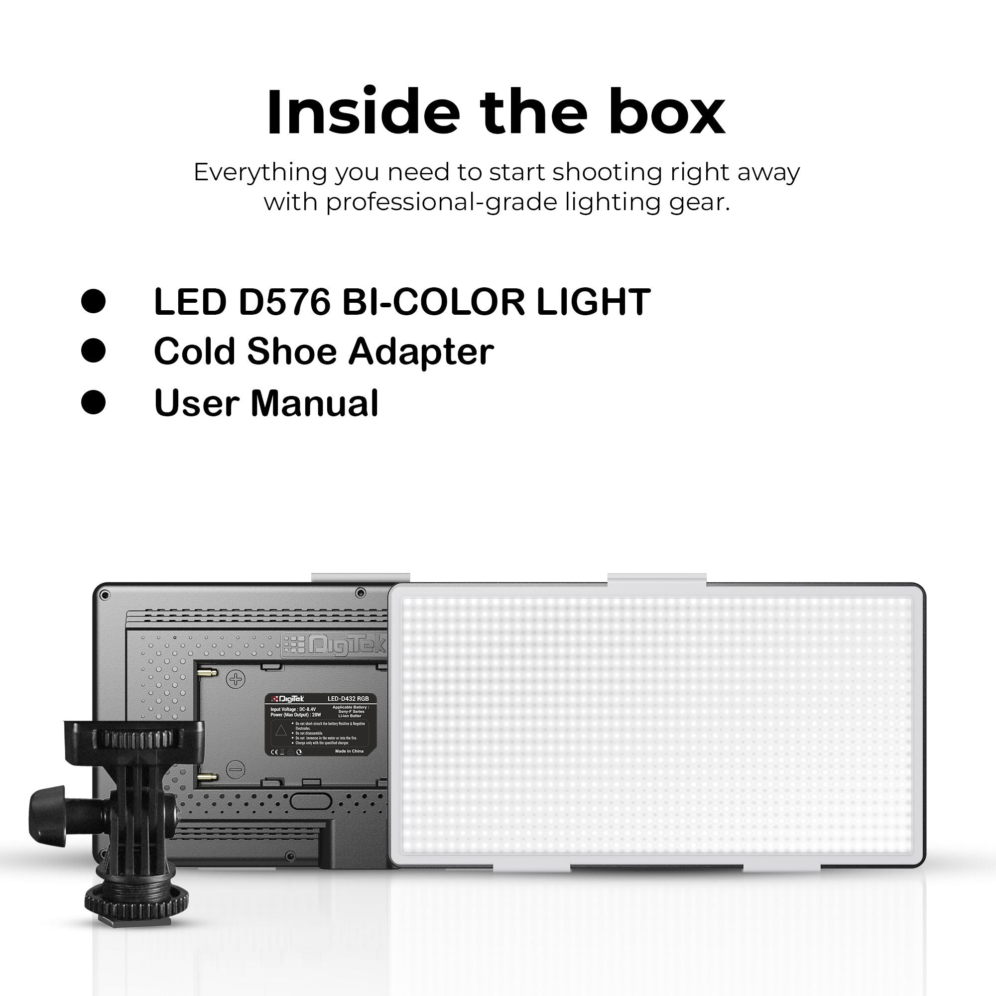 Digitek (LED D576 Bi Color) 42W Bi-Color LED Video Light with 576Pcs LEDs, 9900K±2500K, 0-100% Brightness Control,  120° illumination,  1/4" Mounting Thread for Indoor and Outdoor Photo & Videography (Battery Not Included)