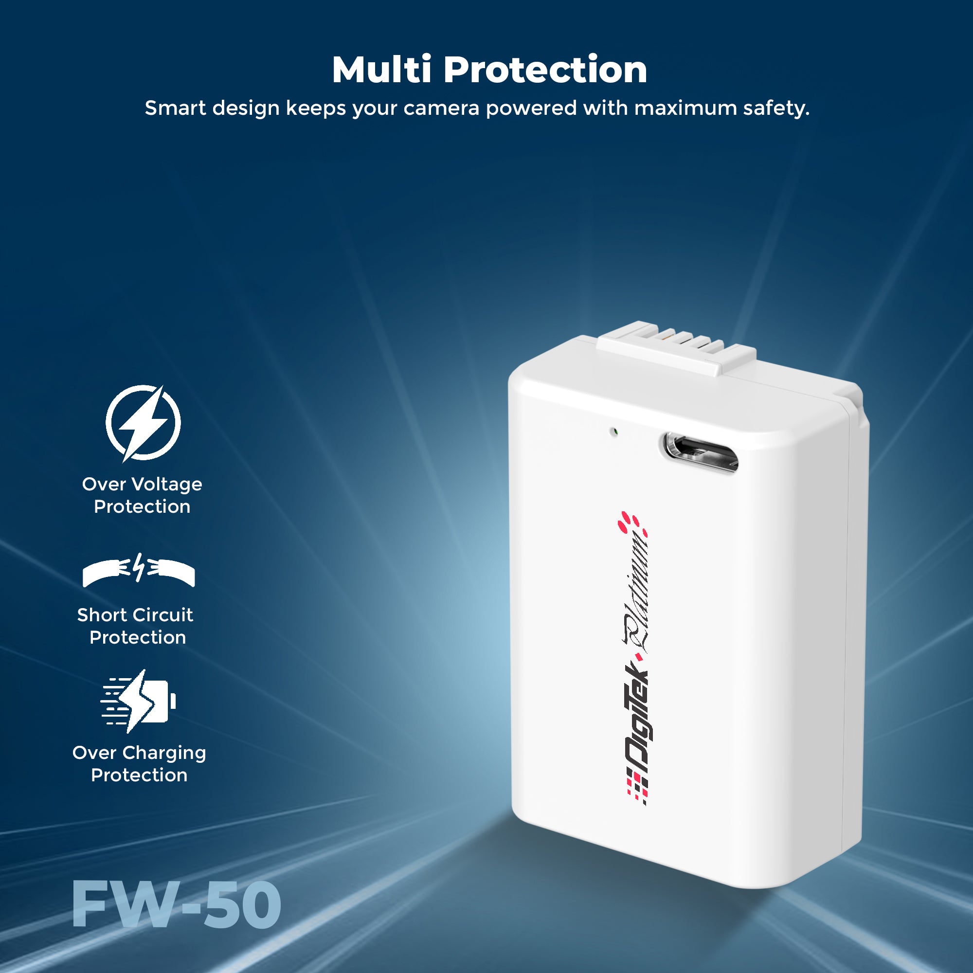 Digitek Platinum (NP-FW50) 2100mAh Extra Power Li-ion Battery with Type-C Charging, For Sony Alpha A6000, A6100, A6300, A6400, A6500, A7, A7R, A7S, A7 II, A7R II, A7S II, RX10, RX10 II, RX10 III, RX10 IV
