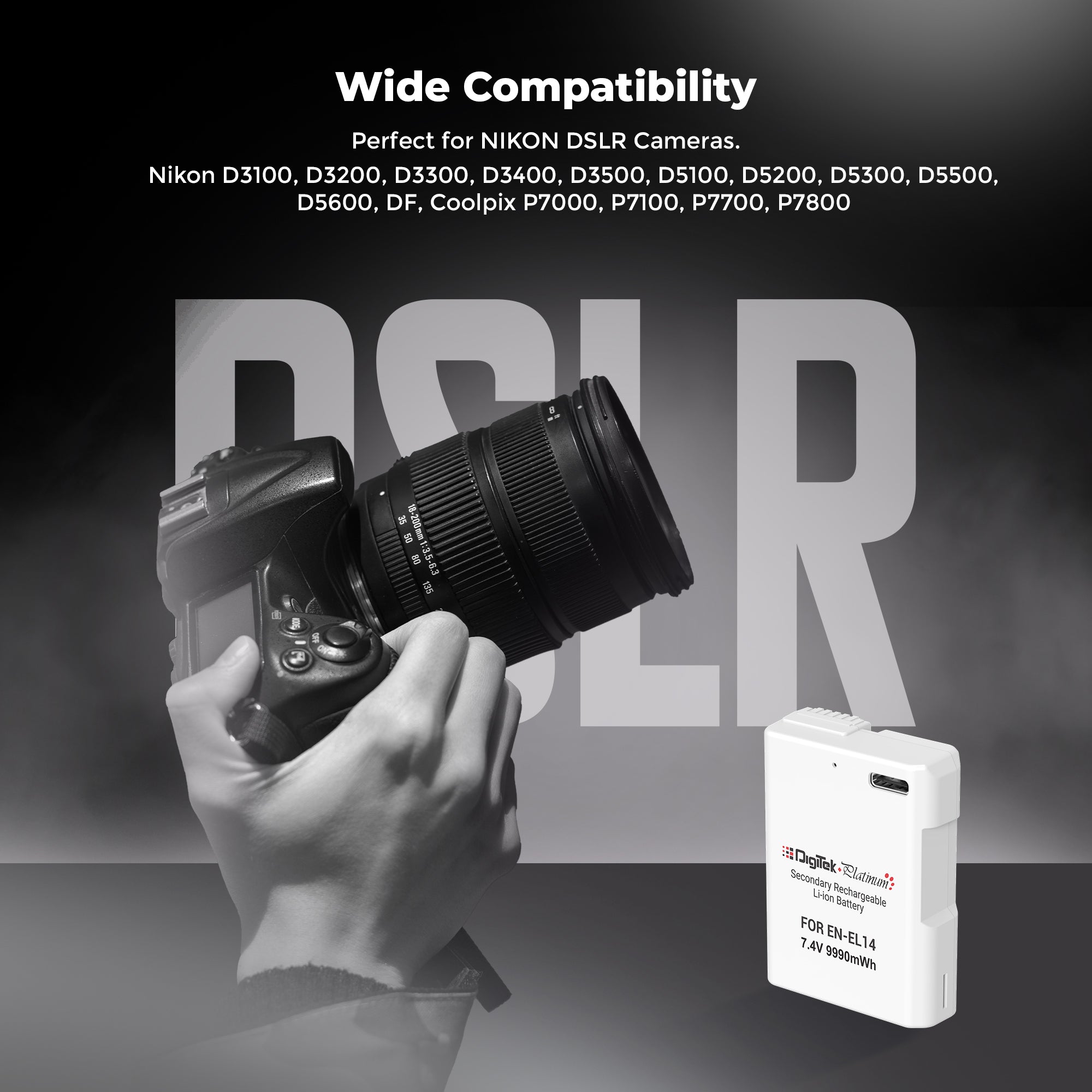 Digitek Platinum (EN-EL14 Type C) 1350mAh Li-ion Battery for Nikon DSLR Cameras with Type-C Charging Cable