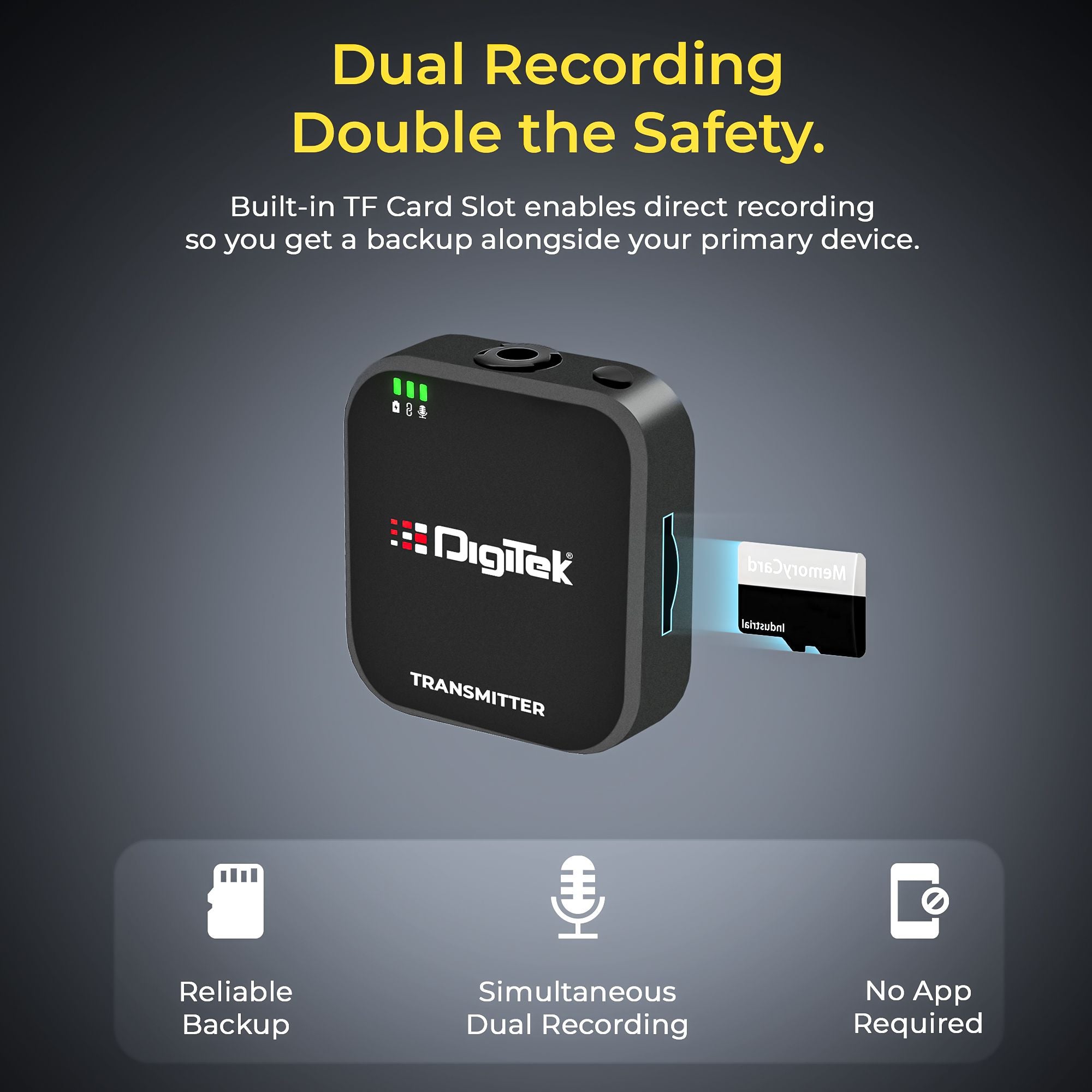 Digitek (DWM 121) Wireless Microphone System, TF Card Support, Type C & LTC Connector, 80M Range, 4.5Hr Run Time, Record with Android iOS Smartphone and DSLR for Vlogging, Interviews & Podcast