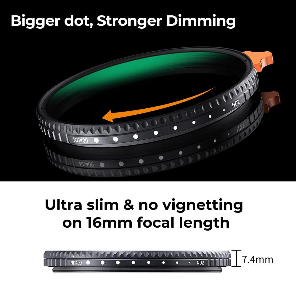 K&F Concept Variable ND Filter ND2-ND400 (1-9 Stops) with Putter HD 28 Multi-Layer Coatings Import AGC Glass Adjustable Neutral Density Filter for Camera Lens - Digitek