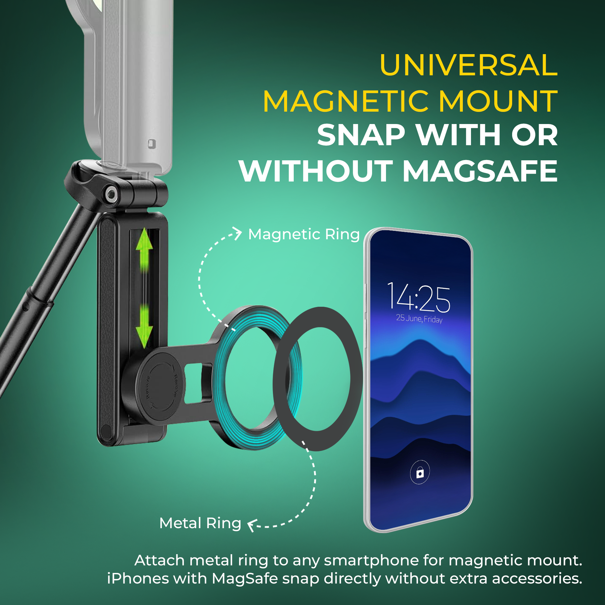 Digitek (DTR 350 SS) Magnetic Selfie Stick Tripod with 10m Bluetooth Remote, Pocket-Sized Design, 1Kg Max Load, 360° Rotation, Magnetic Phone Mount, Ideal for Travel and Vlogging