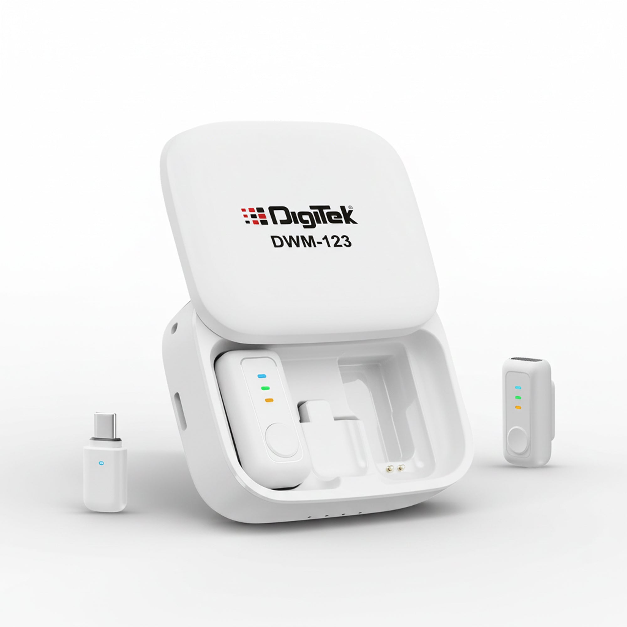 Digitek (DWM 123) 2-in-1 Wireless Microphone System with Charging Case & Magnetic Collar Clip, Type-C Receiver for iPhone 15 & Above, Android Phones, 60m Range, Build in Microphone, For Creators and Vloggers (White)