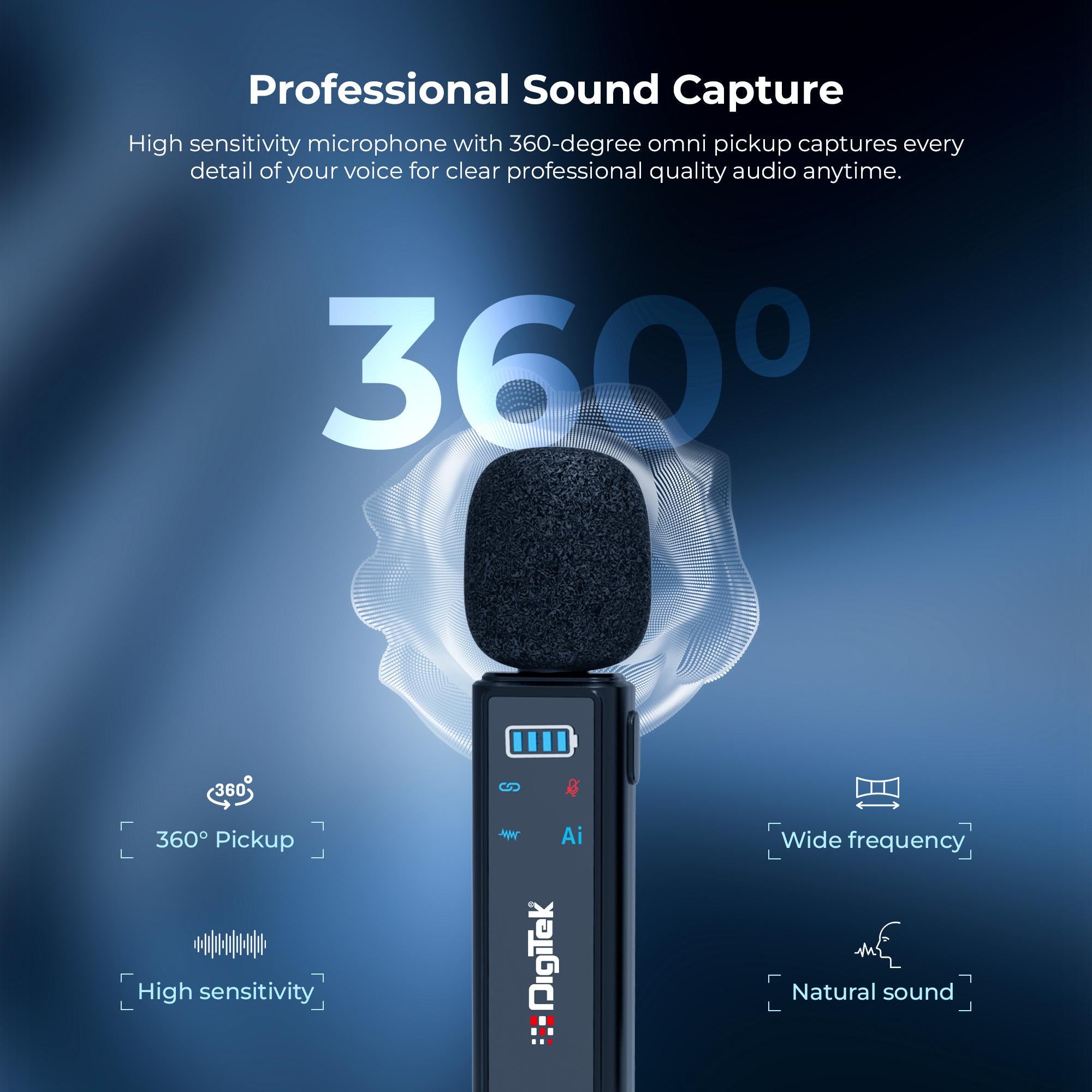 Digitek DWM-021 Wireless Microphone System with AI Noise Cancellation for Android & iPhone
