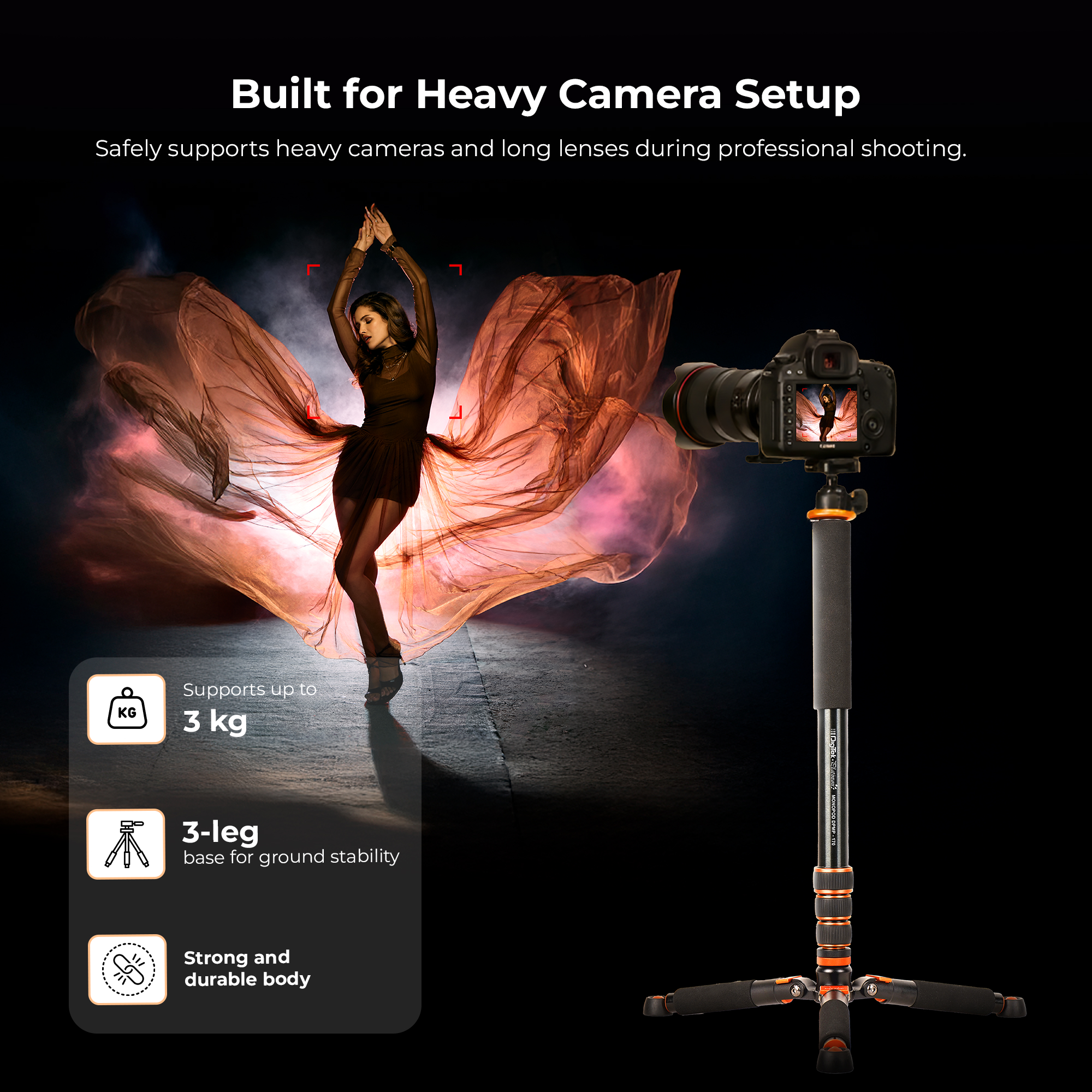 Digitek Platinum (DPMP 170) Portable Monopod with Twist Lock, 170cm Height, 3/8 & 1/4 Screw, Stable 3-Leg Base, 4-Section Adjustment, Strong Grip, Compatible with DSLR, GoPro, Smartphone Mounts & Gimbals, For Photo & Videography