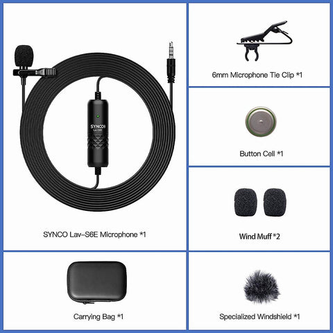 SYNCO-(Lav-S6E)-Lavalier Omnidirectional Condenser Label Mic, 6M Cord iPhone Android Smartphone PC Laptop Camera for Broadcast Interview YouTube Video Recording, [Official] Clip-on-Lavalier-Microphone. - Digitek