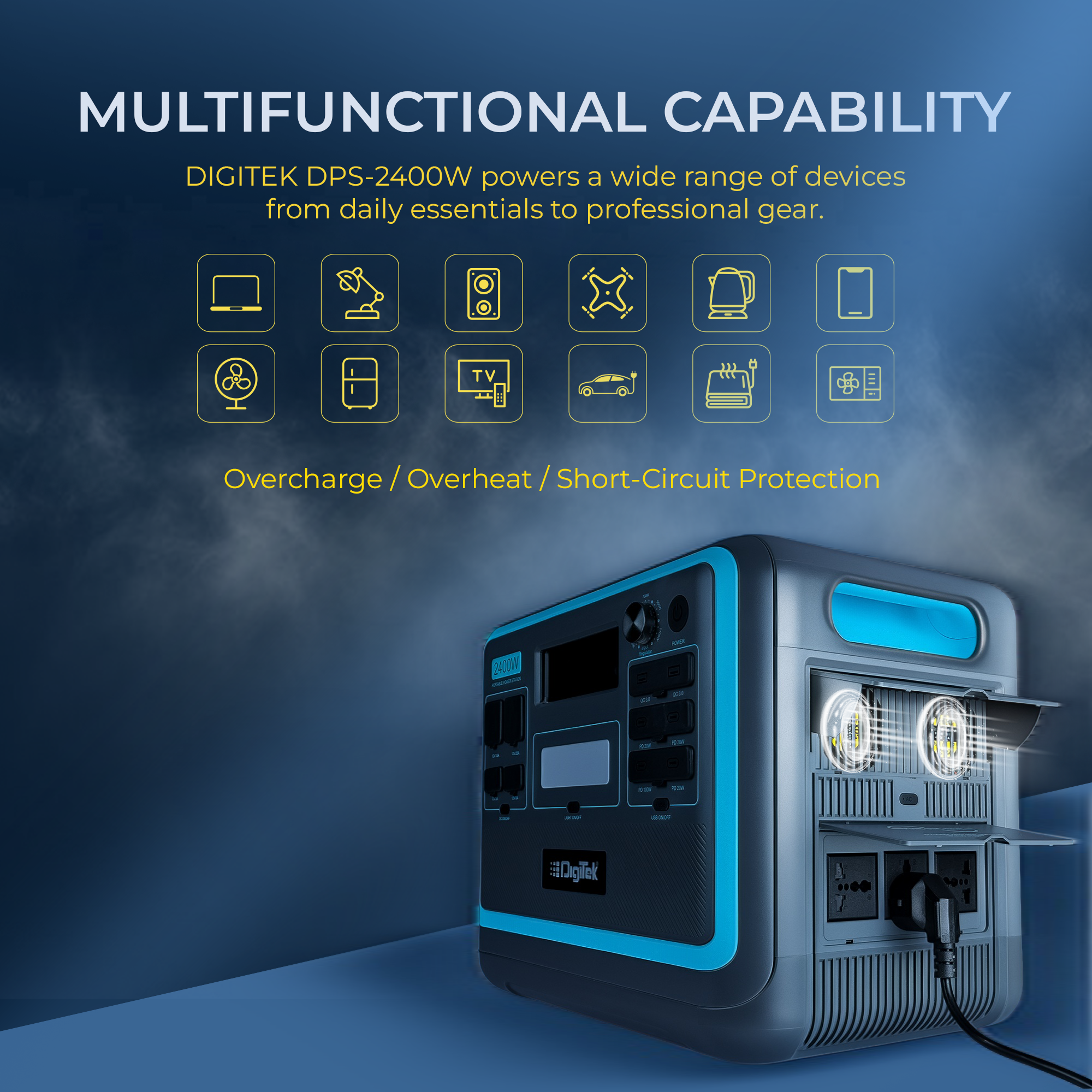 Digitek Power Station DPS2400W Portable AC/DC Power Station Compatible with AC/DC Electronic Devices