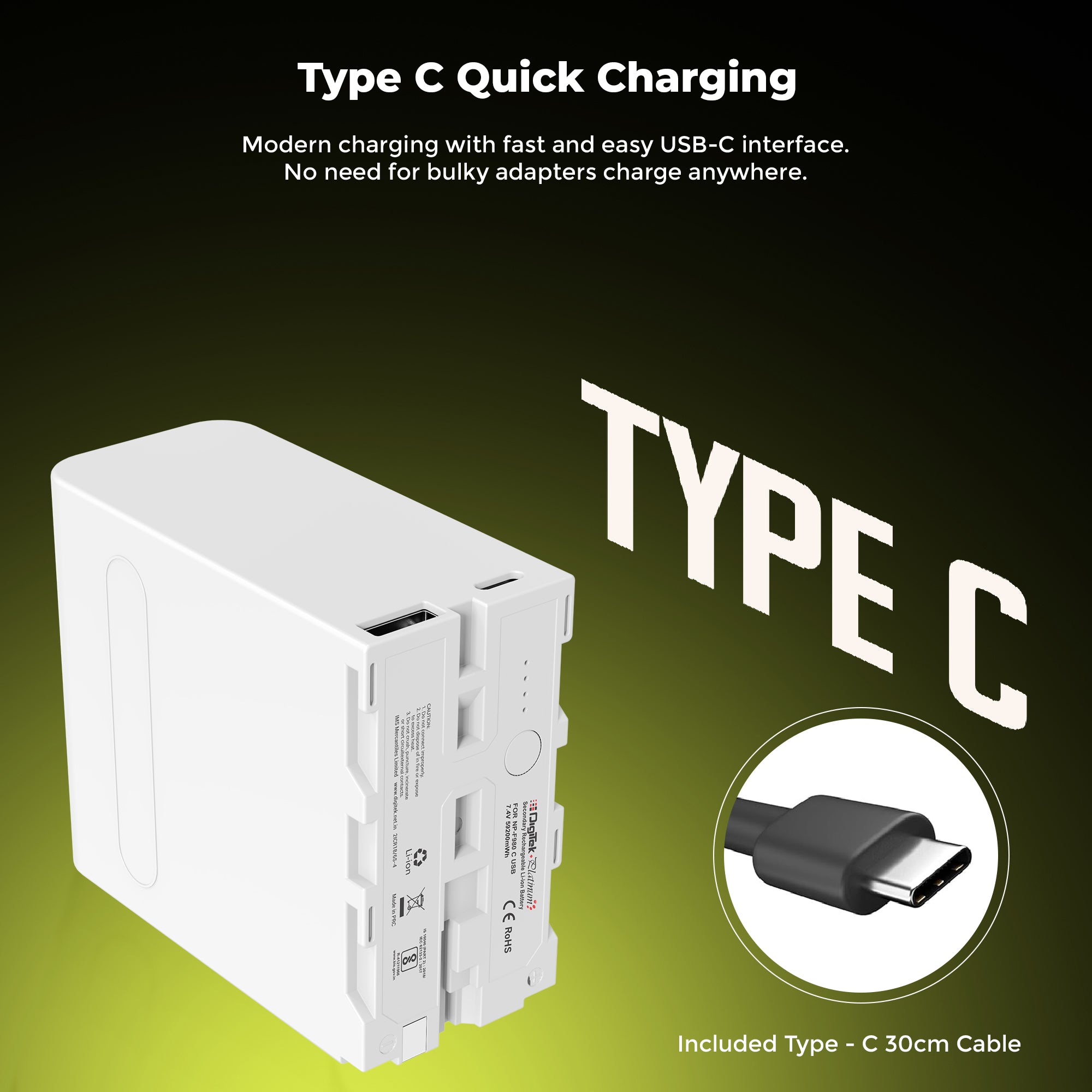 Digitek (NP-F980 C Platinum) 7.4v 16000mAh Platinum Extra Power Secondary Rechargeable Li-ion Camera Battery with 5V Type C Charging Port