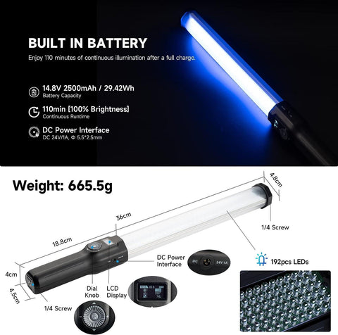 VILTROX H18 RGB LED Light Stick, 18W 2770Lux/0.7m CRI 95+ Double-Sided Handheld RGB Tube Light Wand with Barn Door App Control for Photography Video Lighting, 2800-6800K 360° Full Color 26 FX Effects - Digitek