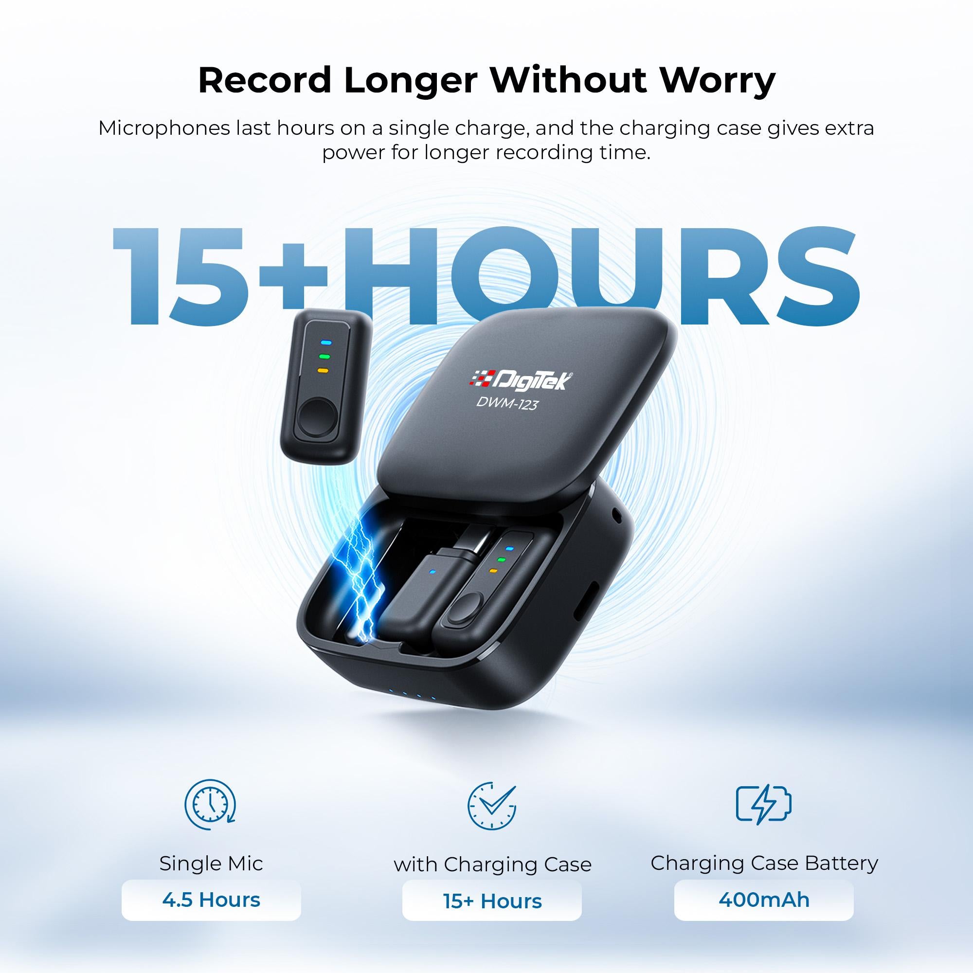نظام ميكروفون لاسلكي Digitek (DWM 123) 2 في 1 مع علبة شحن ومشبك طوق مغناطيسي، وجهاز استقبال من النوع C لأجهزة iPhone 15 وما فوق، وهواتف Android، ومدى 60 مترًا، وميكروفون مدمج، للمبدعين ومدوني الفيديو (أسود)