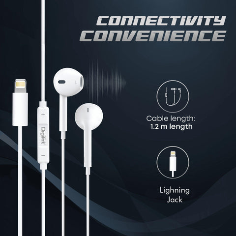 Digitek (DE-044 LTC) in-Ear Lightning jack, Wired Stereo Earphone with Mic, Premium Sound Quality with Noise Cancelling Earphones (White) - Digitek