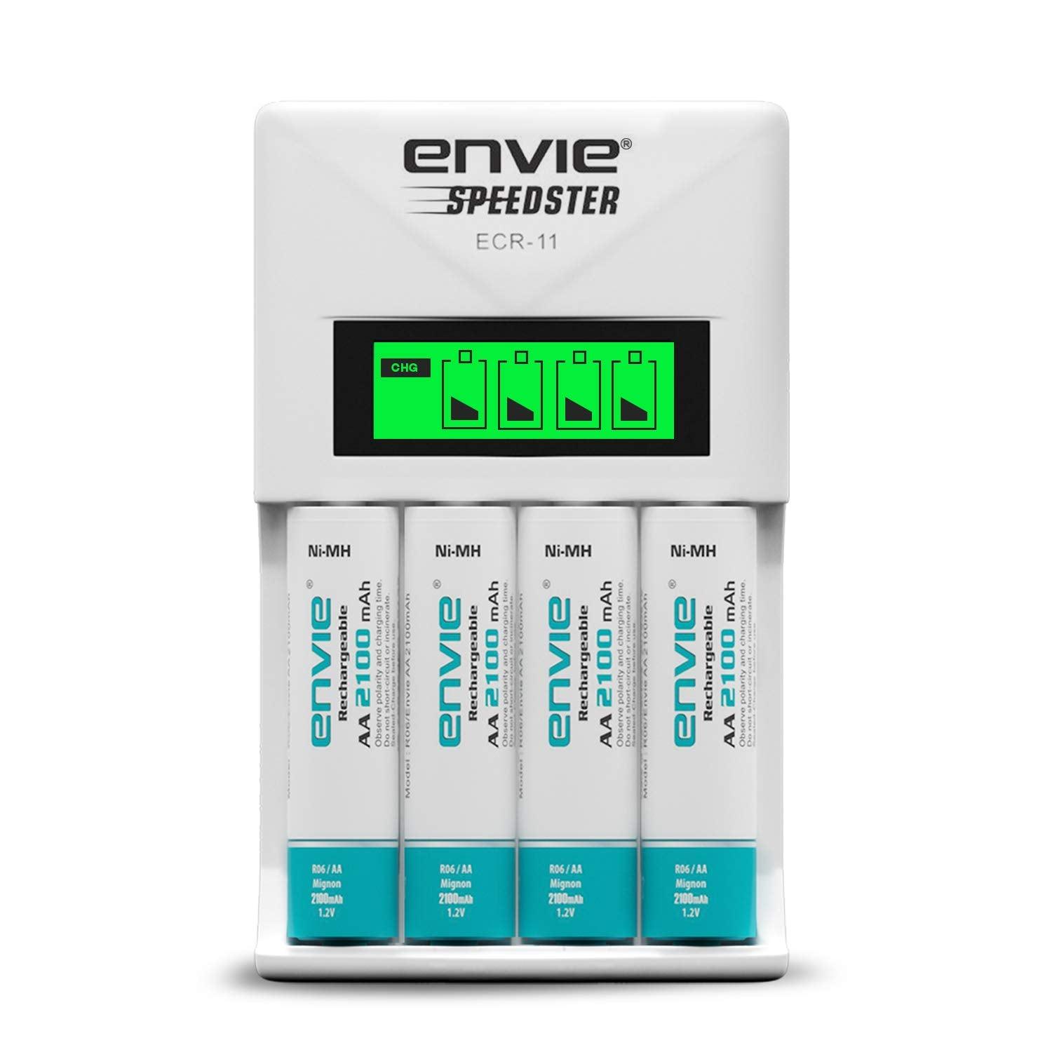 ENVIE (ECR11+2100 4PL) Fast Rechargeable Battery Charger with 4X AA 2100mAh Rechargeable Batteries, with LCD Display - Digitek