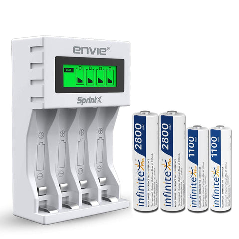 ENVIE (ECR11MC+2800+1100) SprintX Ultra Fast Rechargeable Batteries Charger for AA & AAA Ni-mh, with 2xAA2800 & 2AAA1100 Rechargeable Batteries, with Over Charge Protection - Digitek