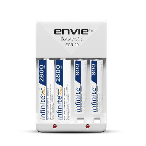 ENVIE (ECR20 2800 800 2PL) High Speed Wall Plug Charger ECR 20 for AA & AAA Ni-mh/Ni-cd Rechargeable Batteries | 2000MA Output Current | with 2 xAA2800 & 2xAAA800 Rechargeable Batteries (ECR20 2800 800 2PL) - Digitek